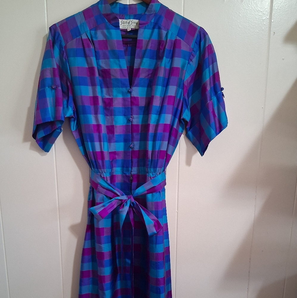 Vibrant Plaid 100% Silk Taylored Dress Size 12 Star Of Siam